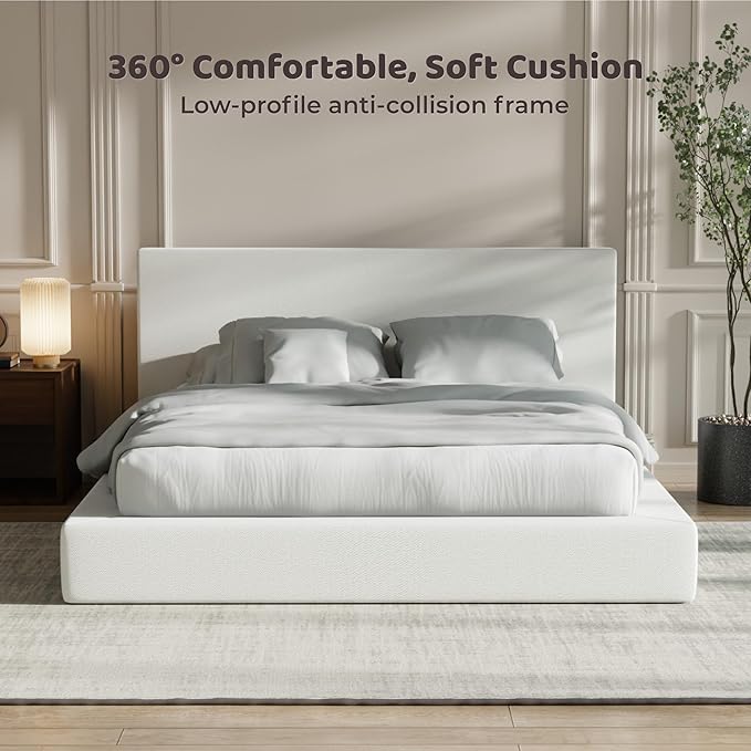 RECCI Cloud Upholstered Queen Bed Frame with Headboard, 5 Inch Foam Padded Platform, No Box Spring, Easy Assembly (Off-White)