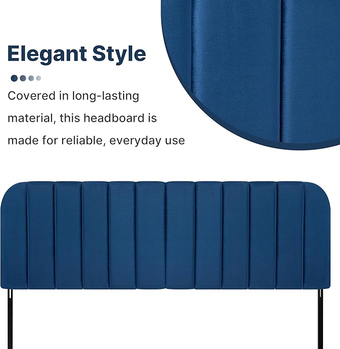 Upholstered Headboard - Striped Interval - Adjustable Height - Metal Legs - Bed Frame (Blue, King (U.S. Standard))