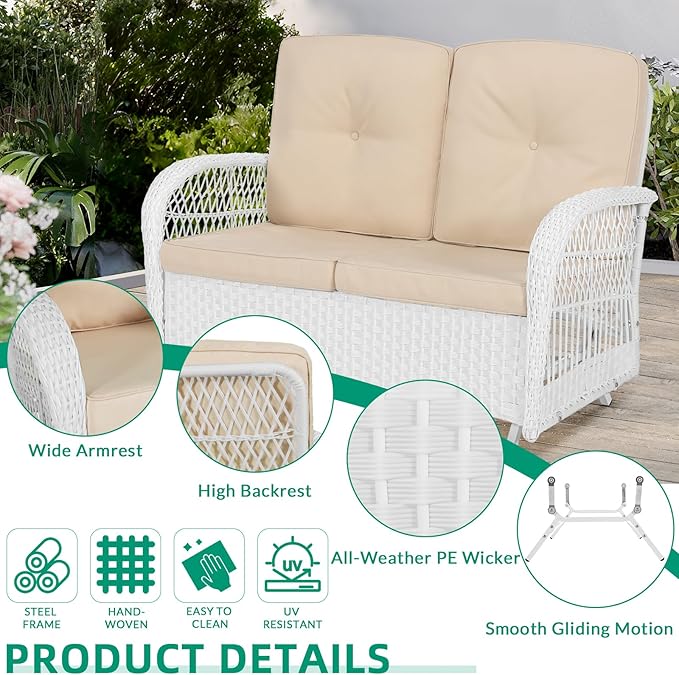 VIVIJASON 5-Piece Outdoor Patio White Wicker Conversation Sets, All Weather Outdoor Rattan Furniture Set Includes Glider Loveseat, 2 Coffee Table, 2 Swivel-Gliders Chairs with Cushions, Beige