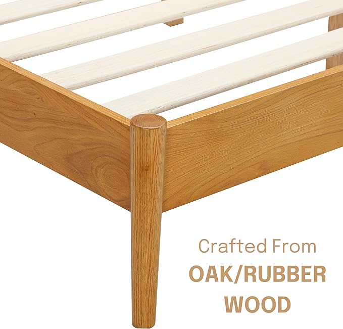 NTC Inno Wooden Bed Frame with Headboard, Solid Oak and Rubber Wood Foundation with Silent Slats and Wood Central Supports, 1000 Lb Capacity, Effortless Assembly, Queen Rustic - Oak