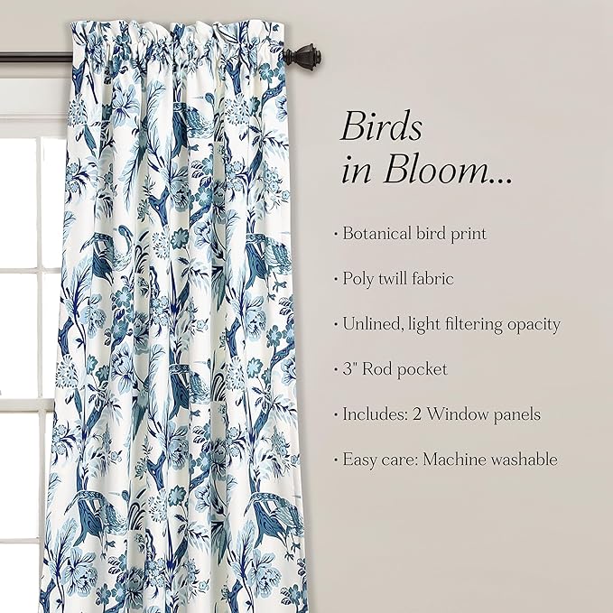 Lush Decor Dolores Light Filtering Window Panels, Pair, 52" W x 108" L, Blue - Floral Curtains for Bedroom - Vintage Curtains - Coquette Room Decor