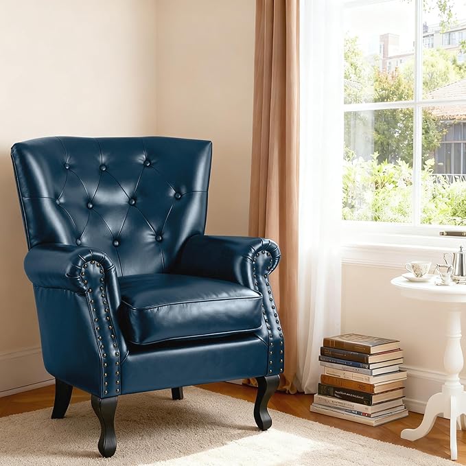 Modern Accent Chair, Mid-Century Faux Leather Armchair with Solid Wood Legs, Single Sofa Club Chair for Living Room, Bedroom, Leisure Room, Reading Room(Navy)