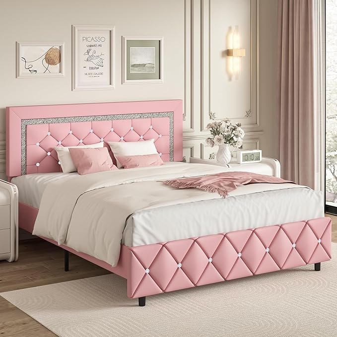 BarnFurin Full Size Bed Frame, Upholstered Platform Bed with Button Tufted Headboard, Princess Bed Frame with Diamond Design, No Box Spring Required, Easy Assembly, Pink
