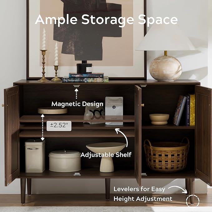 Rattan Storage Cabinet with 3 Doors, Boho Sideboard Buffet Cabinet Solid Wood Farmhouse Credenza Cabinet with Adjustable Shelves for Living Room Kitchen Entryway Hallway, Walnut