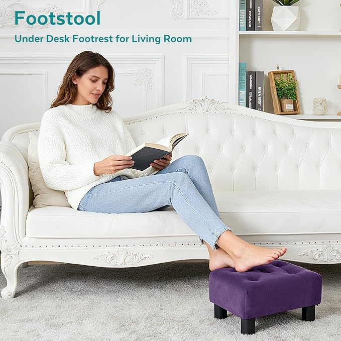 Small Foot Stool Ottoman, Velvet Footstool Ottoman Foot Rest for Couch, Rectangle Footstools and Ottomans Small for Living Room, Entryway and Bedroom (Purple)