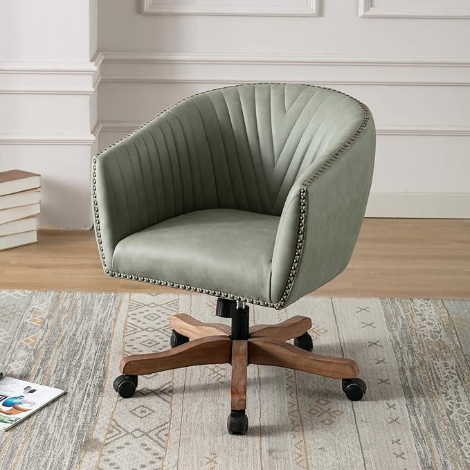 Green Faux Leather Home Office Desk Chair, Upholstered Barrel Swivel Adjustable Arm Desk Chair with Nailheads, Comfy Mid-Back Study Chair with Silent Wheel for Study Office Computer