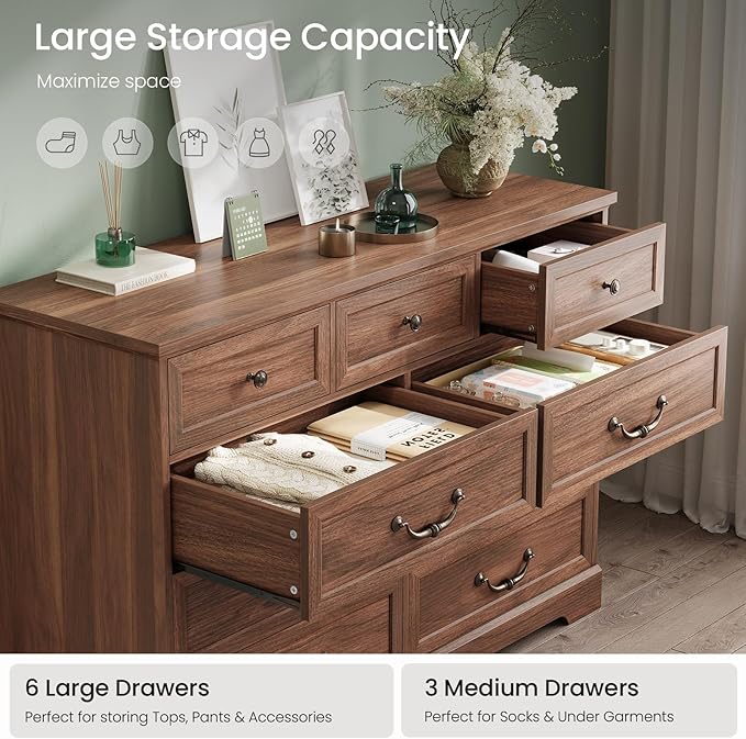 DICTAC Farmhouse 9 Drawers Dresser for Bedroom, Wide Dressers Chest of Drawers, Large Storage Closet Organizer with Natural Texture and Vintage Metal Handle, Wooden Dresser TV Stand for Living Room