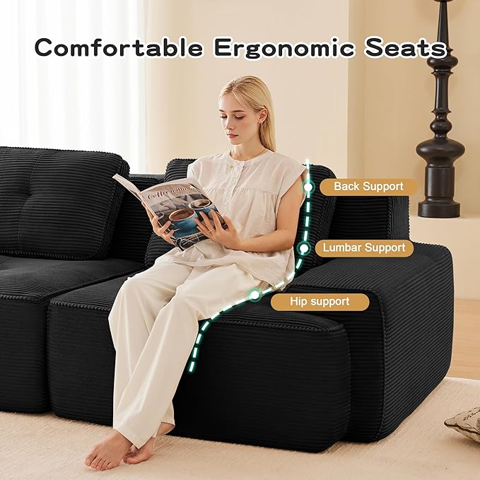 80.3” Black Boneless Couches for Living Room, Modular Sectional Sofa, 2 Seater Comfy Upholstered Loveseat Deep Seat Corduroy Fabric Cloud Couch No Assembly, Anti-Slip Design