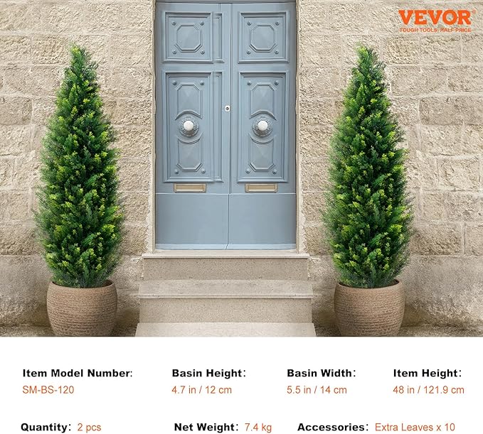 VEVOR Artificial Topiary Cedar Tree, 48 inch Tall (2 Pieces), with Extra Leaves & Pot Faux Evergreen Fake Pine Cypress Trees Plant, UV Rated Artificial Greenery Set for Home Decor Indoor/Outdoor