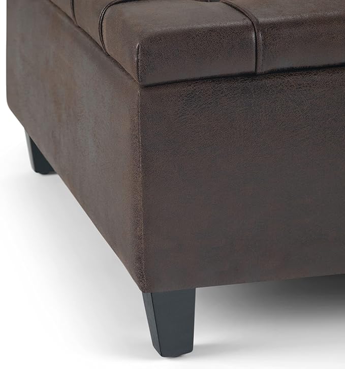 SIMPLIHOME Harrison Coffee Table Storage Ottoman - 36 inch Wide Upholstered Vegan Leather Square Lift-Top Ottoman in Distressed Brown, Transitional Ottoman for Living Room with Hidden Storage