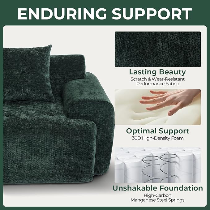 101.65” Modular Sectional Couch for Living Room, 3-Seater Cloud Sofa with Deep Seat, Woven Texture Upholstery Boneless Couch, No Assembly, Green
