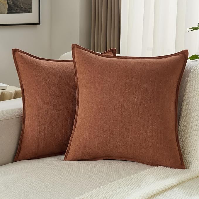 FUTEI Rust Chenille Throw Pillow Covers 26x26 Inch Set of 2,Edges Double-Stitched Euro Pillow Shams,Modern Home Decor for Couch Living Room