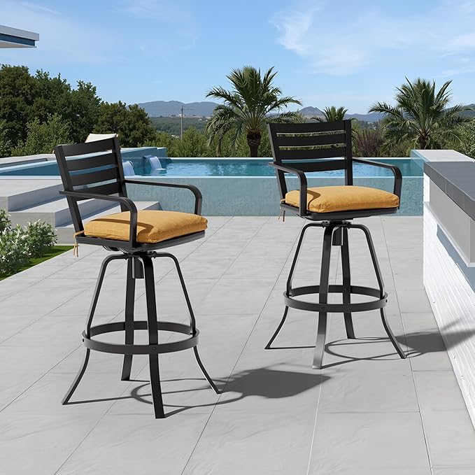 Pellebant 29.5" Sunbrella Outdoor Bar Stools Set of 2, Aluminum Swivel Patio Bar Height Bar Stools with Back & Footrest, Rust-Proof Tall Barstools for Deck Lawn Garden,Teak
