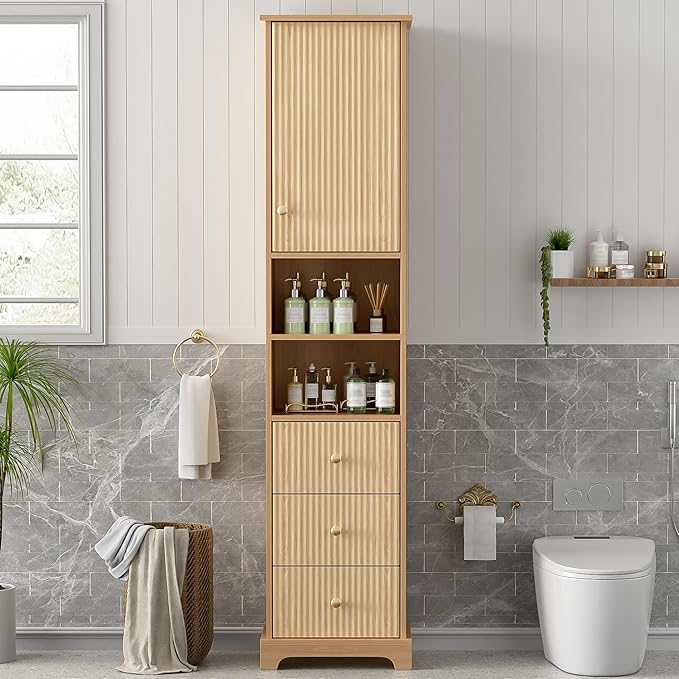 Tall Freestanding Storage Cabinet with One Door & 3 Drawers, Multi-Purpose Organizer with Open Storage and Adjustable Shelf for Bathroom, Office, Living Room, Wood