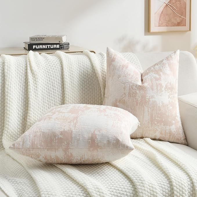 FUTEI Pink White Decorative Throw Pillow Covers 12x20 Inch Set of 2,Soft Faux Cashmere Jacquard - Textured & Cozy Pillow Case,Modern Home Decor for Couch Bed Living Room