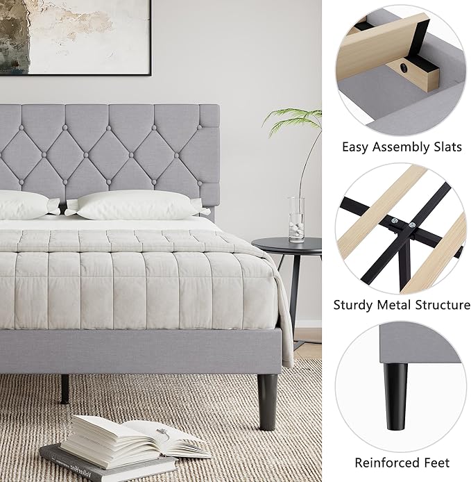 VECELO Queen Size Bed Frame with Button Tufted Headboard, Upholstered Platform Bedframe with Wood Slat Support, No Box Spring Needed, Linen Grey