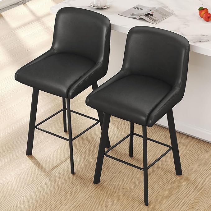 Swivel Bar Stools, 26''H Upholstered Barstools with Backs, Modern Counter Height Bar Stool Chairs for Kitchen Island, Metal Legs (Black- Faux Leather, Set of 2-26" H)