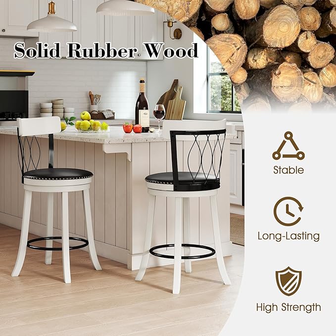 COSTWAY Bar Stools Set of 2, 26” Seat Height Swivel Barstools with Ergonomic Backrest, Soft Cushion & Footrest, Rubber Wood Counter Height Bar Chairs Upholstered Dining Chairs for Kitchen Island