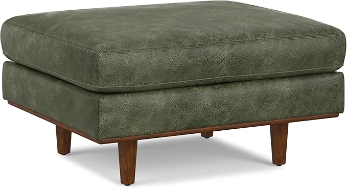 SIMPLIHOME Morrison 33 inch Wide Ottoman in Moss Green Genuine Leather, Multifunctional Footrest, Coffee Table, and Extra Seating for Living Room, Mid-Century Modern Style