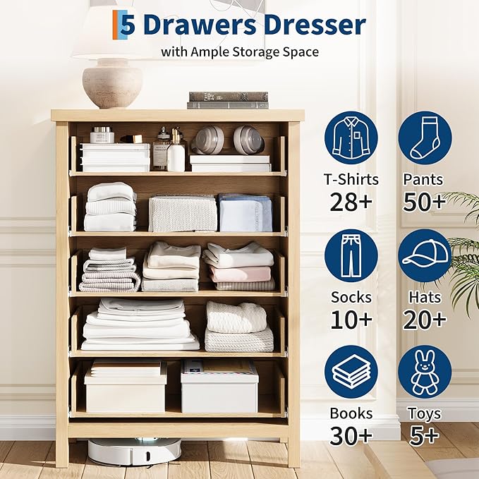 GarveeHome Fluted 5 Drawer Tall Dresser for Bedroom, 42.9 in Chest of Drawers, Wooden Dresser Chest with Clothes Storage Cabinet, Drawer Organizer, TV Stand for Bedroom, Living Room, Hallway, Natural