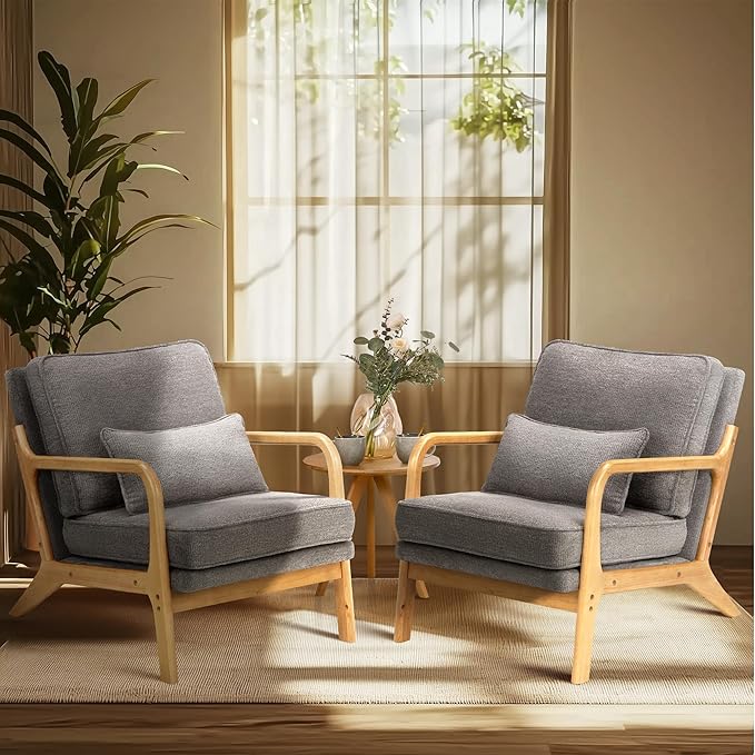 COLAMY Mid Century Modern Accent Chair with Lumbar Pillow, Relaxing Armchair with Solid Wood Frame & Soft Cushion, Reading Leisure Chair for Living Room,Bedroom,Waiting Room（Grey）