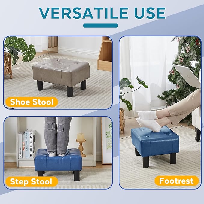 Small Foot Stool Ottoman, Faux Leather Footstool Ottoman Foot Rest for Couch, Rectangle Footstools and Ottomans Small for Living Room, Entryway and Bedroom (Blue)
