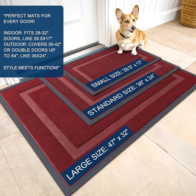 OLANLY Front Door Mat Indoor Outdoor Entrance, Waterproof All-Season, All-Weather Doormat, Sturdy Natural Rubber, Fade Resistant, Low Profile, Easy Clean Patio Porch Entryway Mat, 47x17, Wine Red