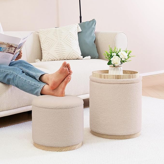 PINPLUS Round Ottoman with Storage Set of 2, Vanity Stool with Storage, Small Ottoman with Tray Teddy Velvet Foot Rest Stool for Bedroom, Living Room, Dorm (Beige)