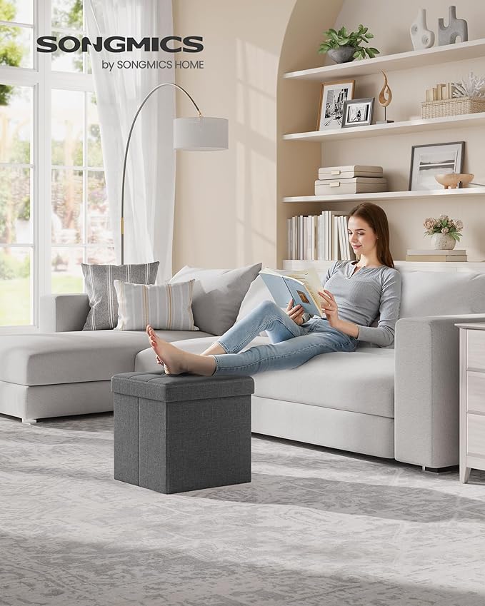 SONGMICS Storage Ottoman, Foldable Small Ottoman Foot Rest, 15 Inches Foot Stool, Cube Ottoman with Storage, Load up to 660 lb, for Living Room, Bedroom, Dorm, Dark Gray ULSF27Z