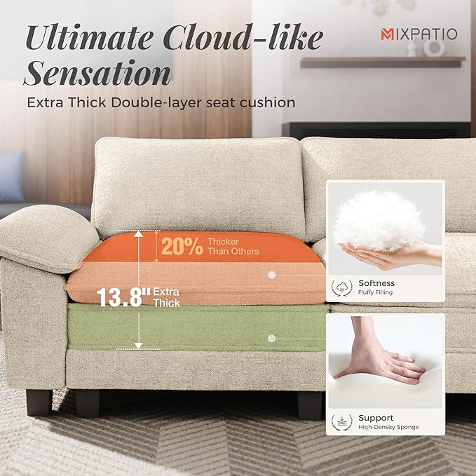 123" Cloud Modular Sectional Sofa, 3-Seater w/Deep Seat & Removable Arms, Plush Chenille for Living Room - Beige