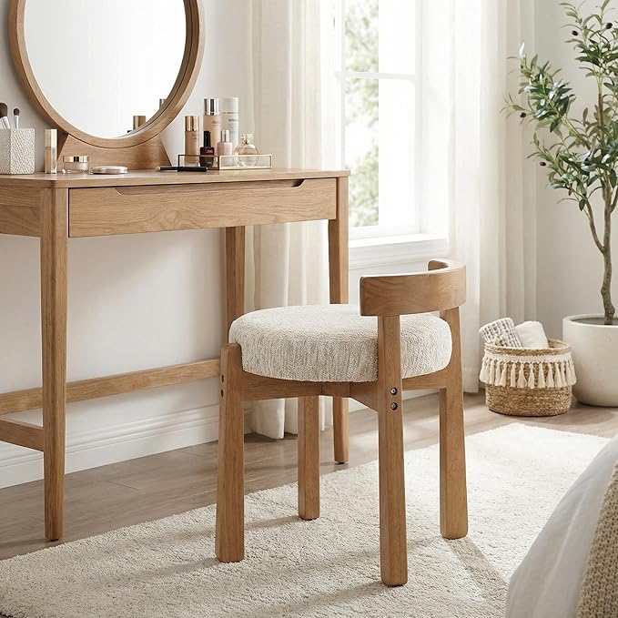 HNY Modern Chenille Vanity Chairs & Ottoman: Upholstered Round Seat with Solid Wood Legs, for Makeup Dressing, Living Room Footrest or Piano Bench, Beige