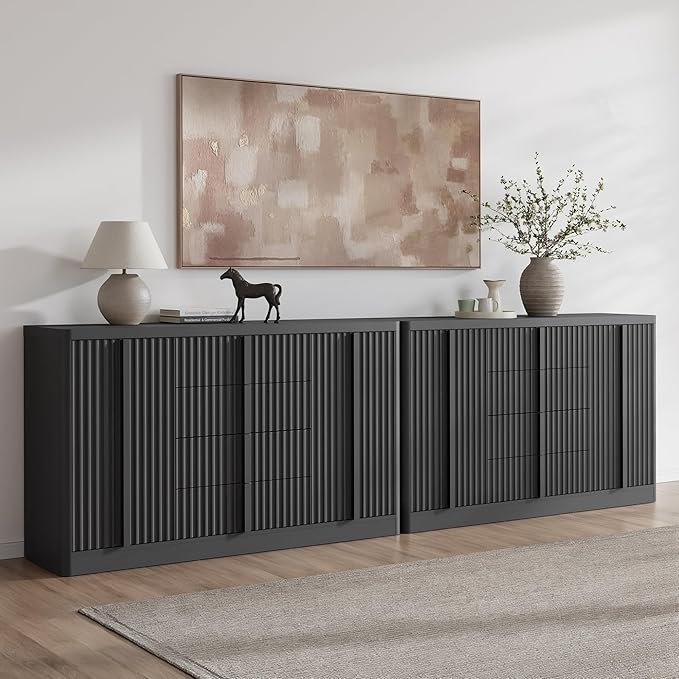 Buffet Cabinet with Storage, 120" Fluted Sideboard with 8 Drawers & 4 Door–Modern Accent Buffet Cabinet with Adjustable Shelves, Credenza Storage Cabinet for Kitchen, Dining, Living Room,Black(2PC)
