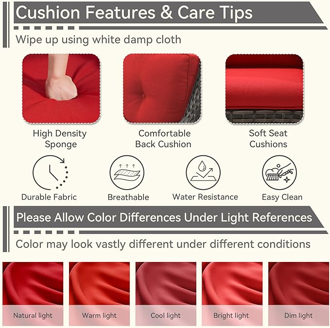 1 PC Outdoor Rocking Chair, Wicker Patio Rocker Chair for Yard, Porch, Mixed Brown Grey Rattan, Red Cushions