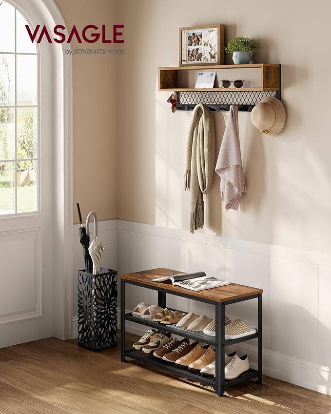 VASAGLE Coat Rack Shoe Bench Set, Hall Tree with Bench, Entryway Furniture, Multifunctional, Dot Coat Hooks, 2-Tier Shoe Rack, Industrial Style, for Entryway, Hallway, Rustic Brown ULCR073K01