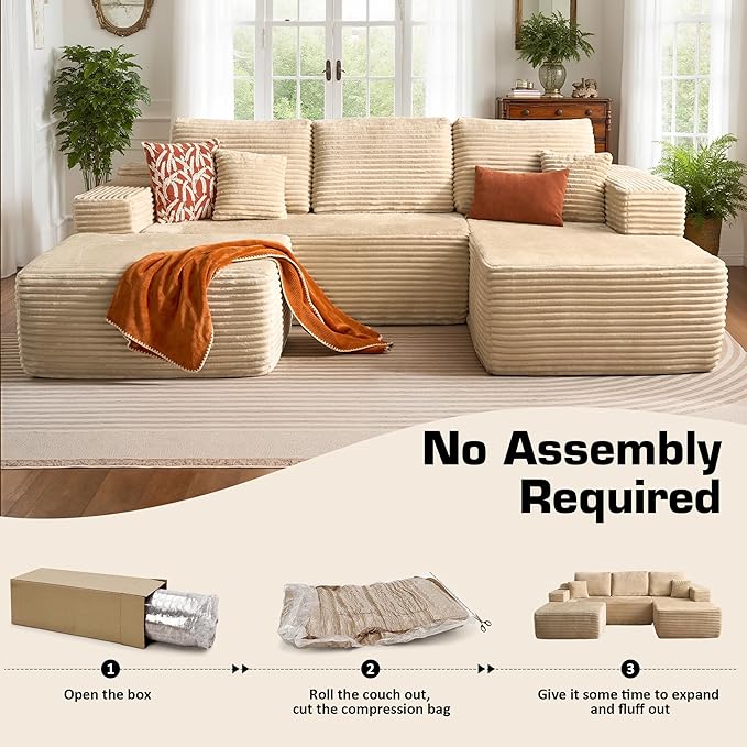 106" Cloud Sectional Couch with L-Shape Chaise & Ottoman, No Assembly Modular Sofa, Deep Seat Plush Corduroy Boneless Couched for Living Room (Beige Plush Corduroy, Right Facing Chaise with Ottoman)