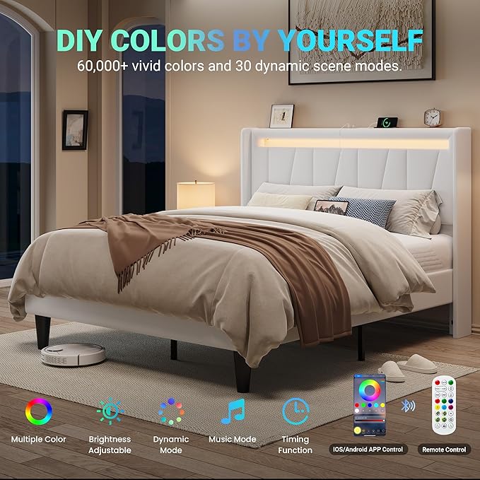 Allewie Queen Size LED Bed Frame with Charging Station, Velvet Upholstered Platform Bed with Geometric Wingback Headboard, Modern Frame with No Box Spring Needed, Easy Assembly, White