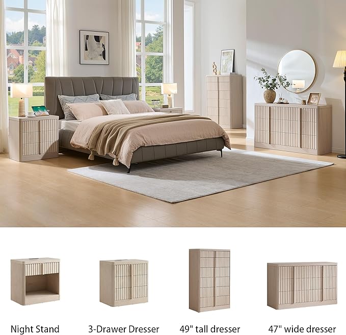 Fluted Dresser for Bedroom, 47" Wide 6 Drawer Dresser, Modern TV Stand Set, Curved Profile Design, Chest of Drawers with Solid Wood Handle for Living Room, Bedroom, Hallway