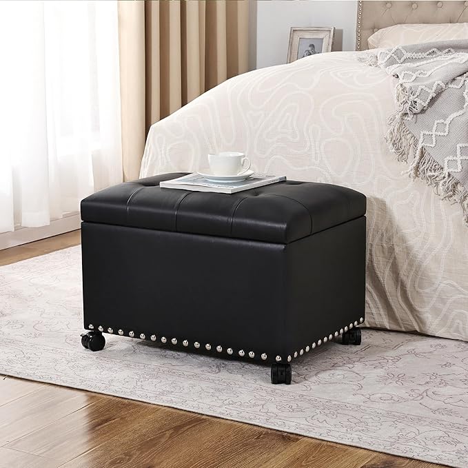 Leather Storage Ottoman Bench with 360° Caster Wheels, 24" Black Rectangle Rolling Ottoman with Storage, Foot Rest Bench Rectangle Ottomans Stool for Living Room Bedroom