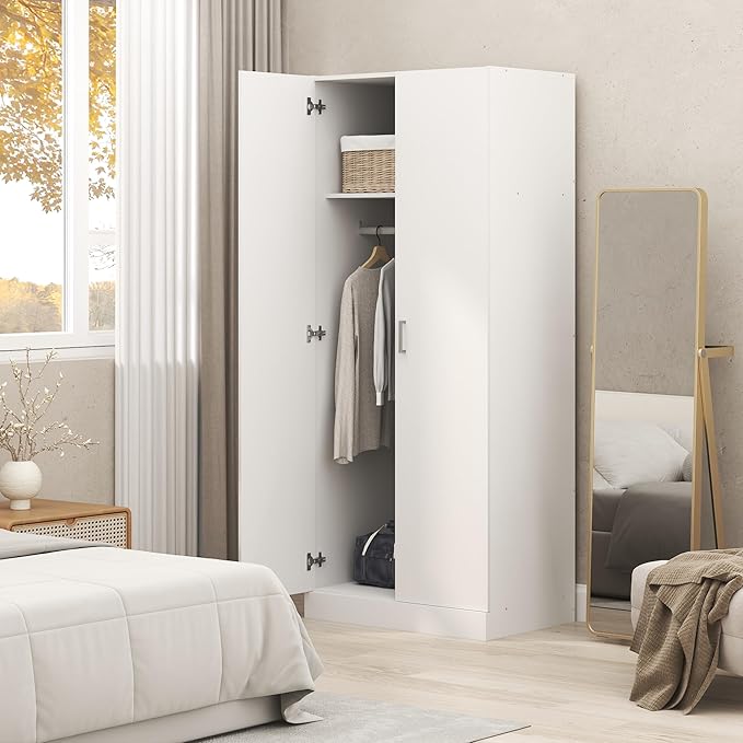Furinno Robin Wardrobe Cabinet with Hanging Rod, Closet Organizers and Storage, for Wardrobe, Bedroom, Living Room, Entryway, White