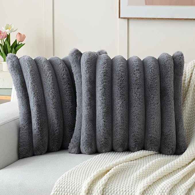 FUTEI Grey Decorative Throw Pillow Covers 20x20 Inch Set of 2, Square Soft Faux Rabbit Fur Thick Striped Cushion Cover,Winter Home Decor for Couch Bed Living Room