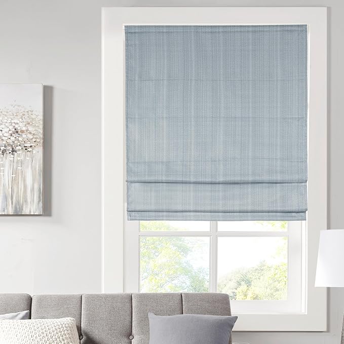 Madison Park Galen Cordless Roman Shade, 31"W x 64"H, Sheen Blue – Room Darkening, Thermal Insulated, Energy Efficient Window Blind with Subtle Sheen Basketweave Fabric for Privacy