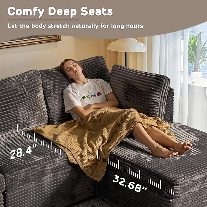 98" Modular Sofa with Swivel Chairs, Modern L Shape Cloud Sectional Couch Plush Corduroy 5 Seater Deep Seat Sofas Set & Accent Armchair Set of 2 for Living Room, Gray