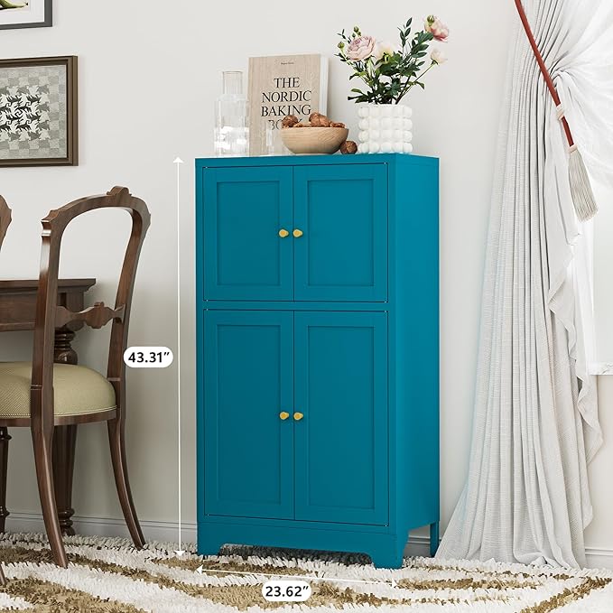 Blue Bathroom Floor Cabinet, Metal Storage Cabinet with 2 Adjustable Shelves & 4 Doors,Freestanding Sideboard for Dining Room,Living Room, Home Office