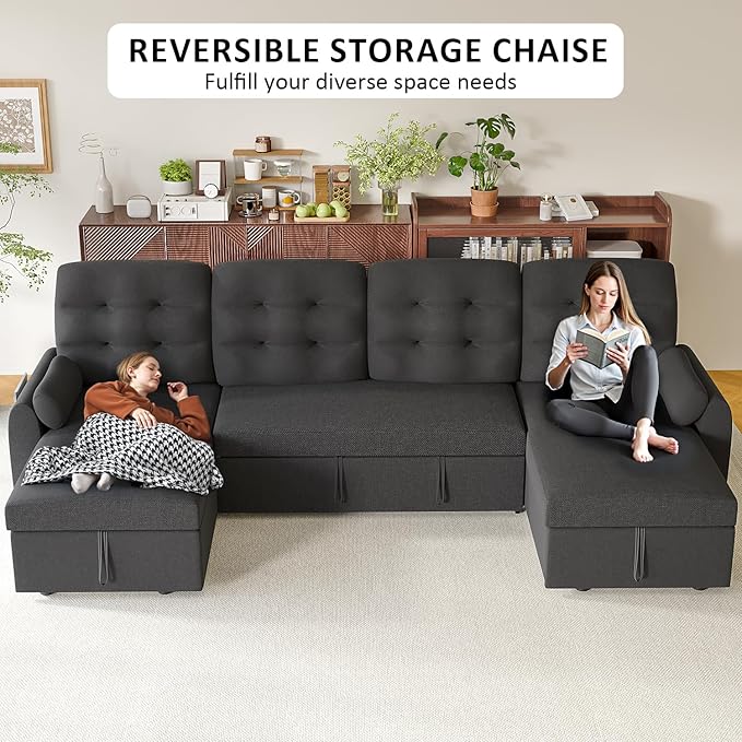 Ucloveria Sleeper Sofa Bed, 112" U Shaped Sectional Sofa Couches for Living Room, Pull Out Couch Bed with Dual Reversible Storage Chaise | Charging Station | Side Pockets | Removable Backrest
