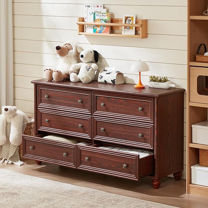 6 Drawers Dresser for Bedroom, Farmhouse 54" Wide Wood Dressers Chest of Drawers, Vintage Design TV Stand, Rustic Storage Dresser Organizer with Metal Handle Closet for Living Room, Hallway