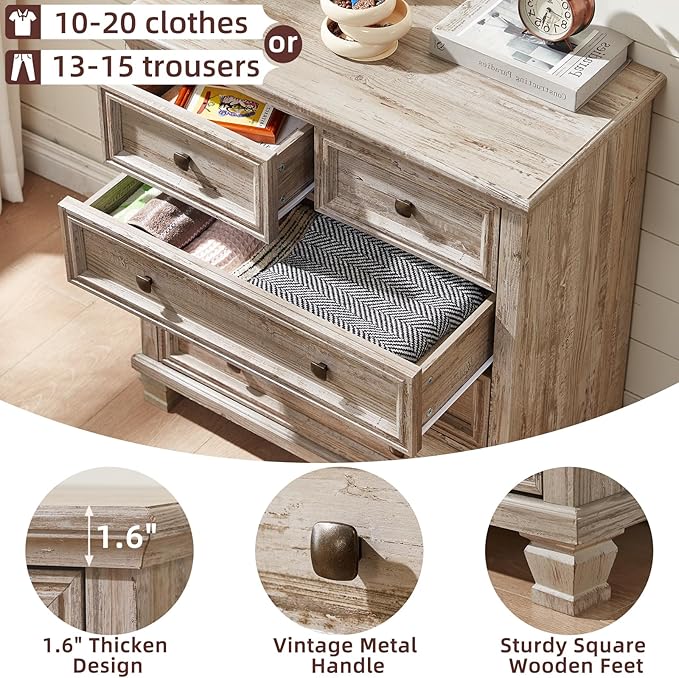 Farmhouse Bedroom Dresser and Nightstand Set of 4, 6 Drawer Low & 5 Drawers Dresser & 3 Drawer Nightstand Set with Wooden Legs, Rustic Wood Bedroom Furniture for Livingroom, Hallway, Grey