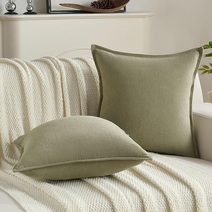 FUTEI Olive Green Chenille Throw Pillow Covers 24x24 Inch Set of 2,Edges Double-Stitched European Cushion Cases,Modern Home Decor for Couch Living Room