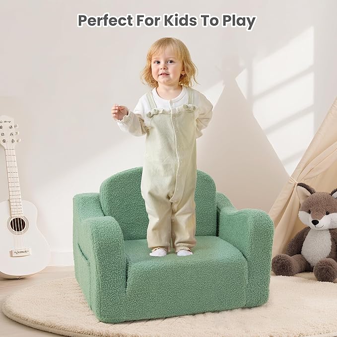 Comfy Toddler Chair & Kids, 2-in-1 Soft Couch Fold Out for Kids, Toddler Chairs Comfy 1-3 Years Old, Convertible Plush Sofa to Lounger for Girls and Boys, Green