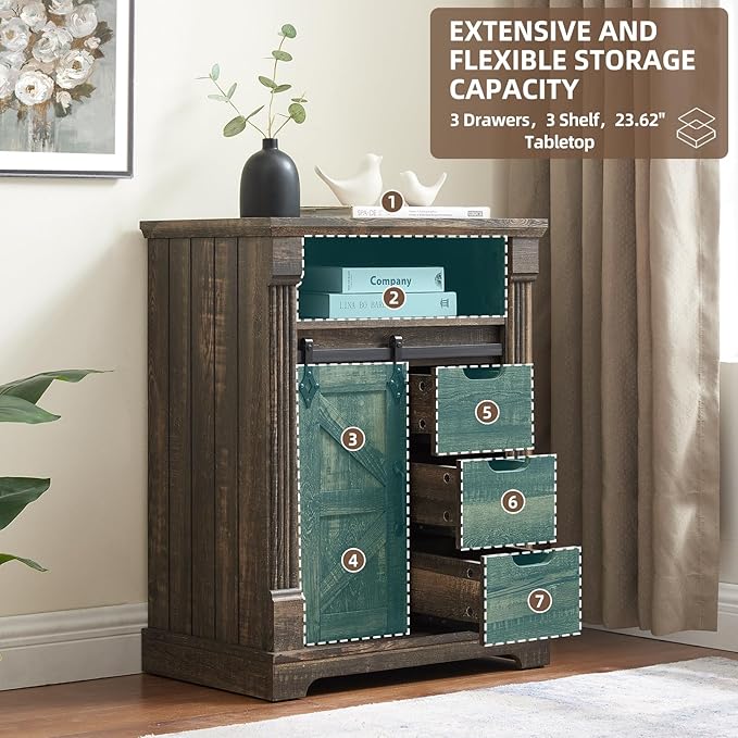 Bathroom Floor Cabinet, Farmhouse Storage Cabinet with Sliding Barn Door, Small Storage Cabinet with Drawer for Bathroom, Kitchen, Living Room, Rustic Style Cabinet (Dark Rustic Oak)