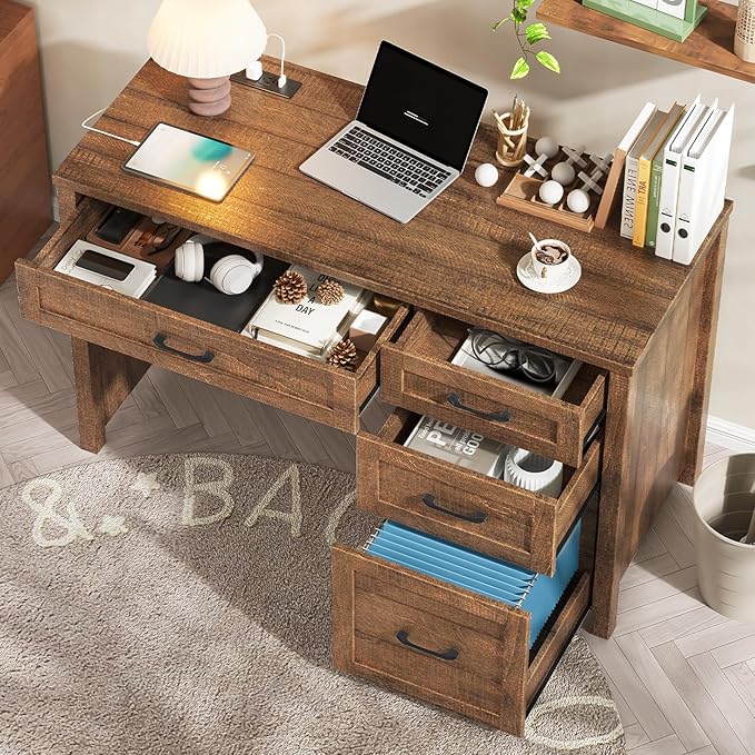 Vabches Farmhouse 47" Executive Desk, Computer Desk with File Drawer and Charging Station, Workstation for Home Office, Study.Red-Brown.